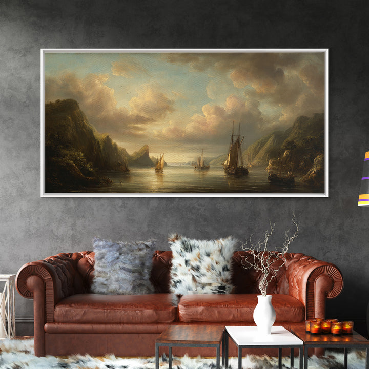 Seascape with Sailboats and Cloudy Sky Framed Canvas Print, Traditional Art, Digital Art, Living Room Decor, Fine Art, Classic, TRA-2x1-1