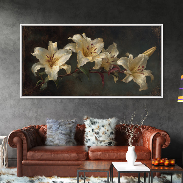 White Lilies on Dark Background Framed Canvas Print, Traditional Art, Custom Art, Living Room Decor, Fine Art, Classic, TRA-2x1-11