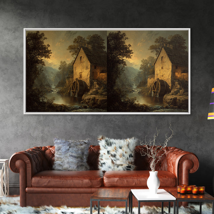 Watermill Beside a Quiet Stream Framed Canvas Print, Traditional Art, Painting, Living Room Decor, Fine Art, Classic, TRA-2x1-13