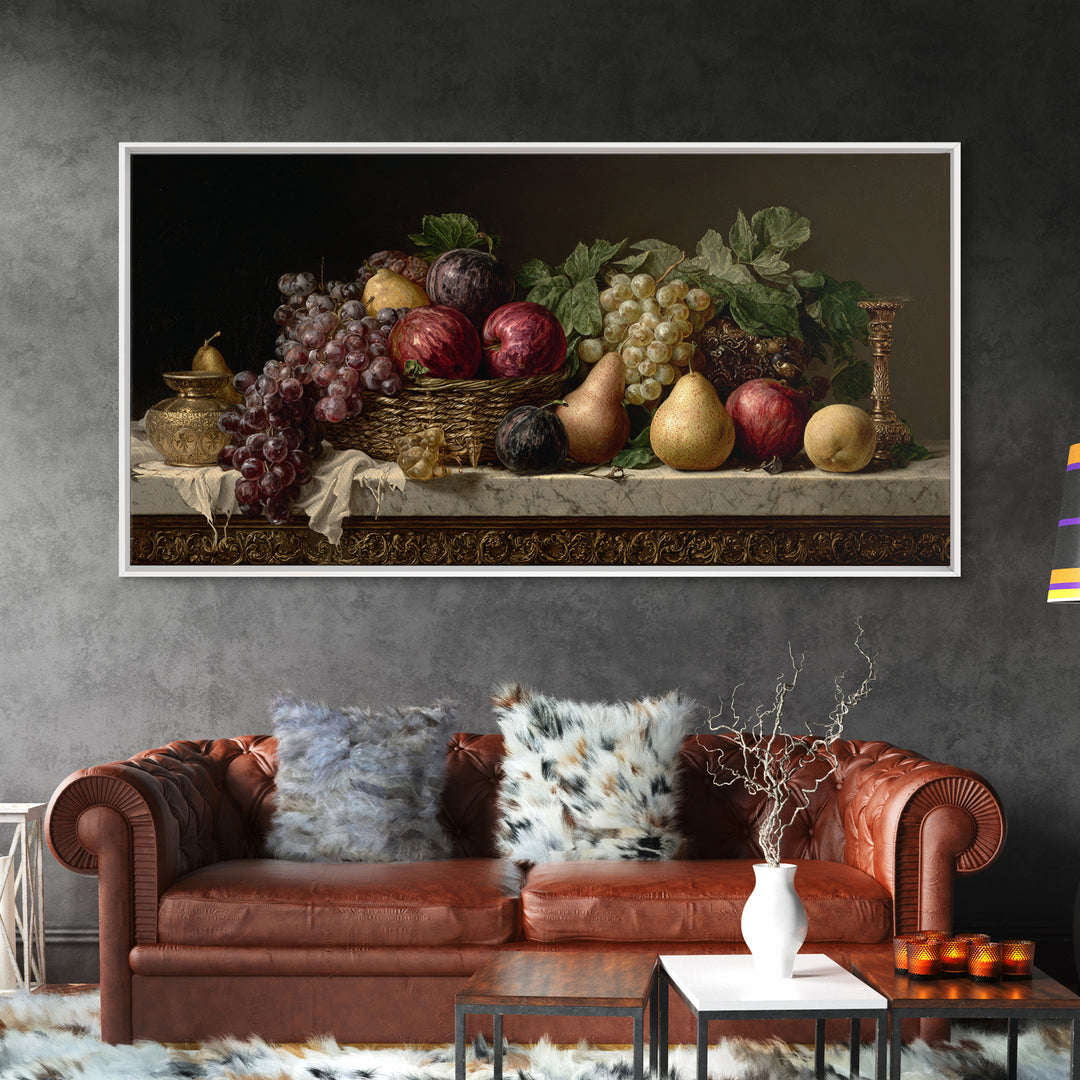 Basket of Apples and Pears on Linen Framed Canvas Print, Traditional Art, Luxury Decor, Living Room Decor, Abstract Art, TRA-2x1-14