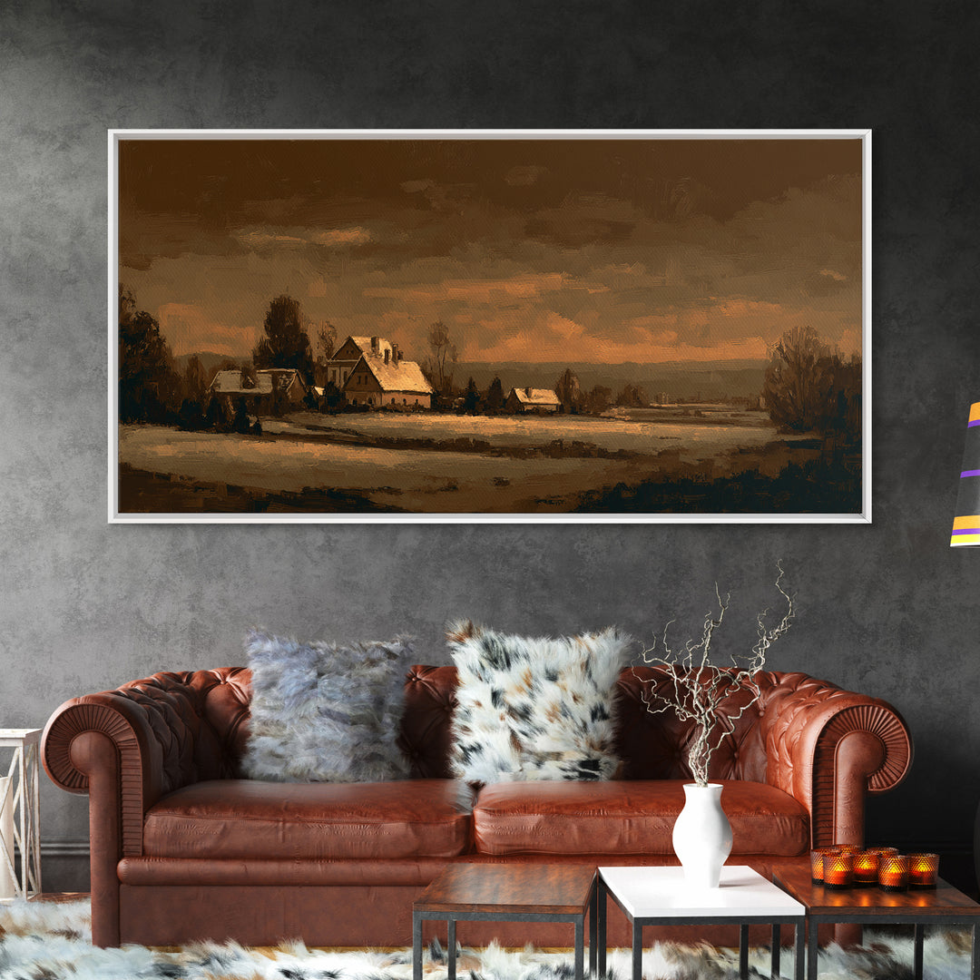 Snowy Village Landscape at Twilight Framed Canvas Print, Traditional Art, Living Room Decor, Watercolor Art, Classic, TRA-2x1-15