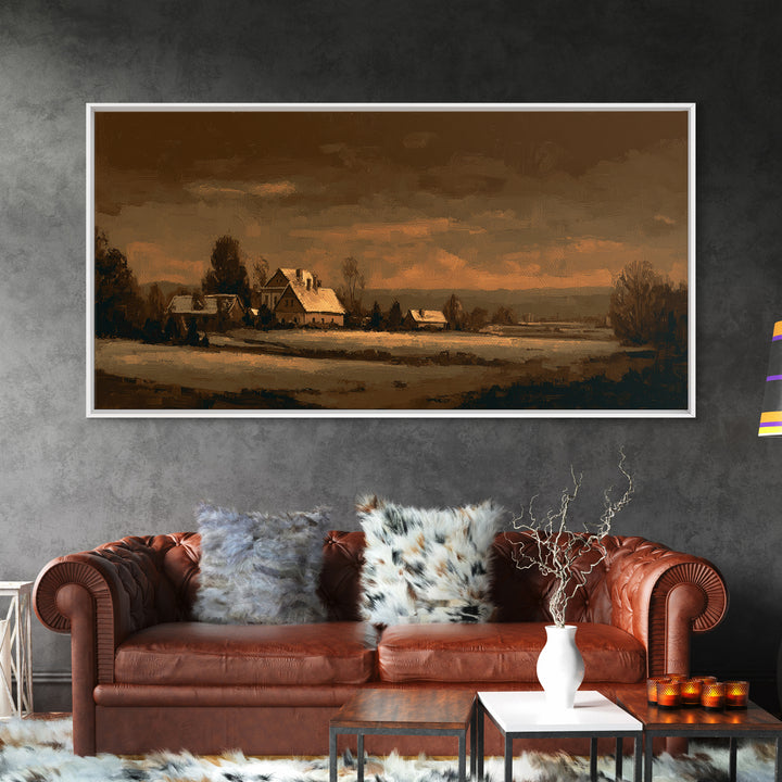 Snowy Village Landscape at Twilight Framed Canvas Print, Traditional Art, Living Room Decor, Watercolor Art, Classic, TRA-2x1-15