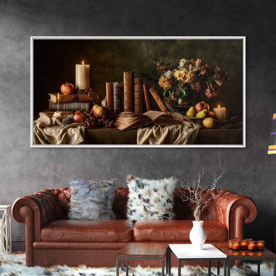 Still Life of Books Candle and Fruit Framed Canvas Print, Traditional Art, Fine Art Print, Living Room Decor, Fine Art, Classic, TRA-2x1-16