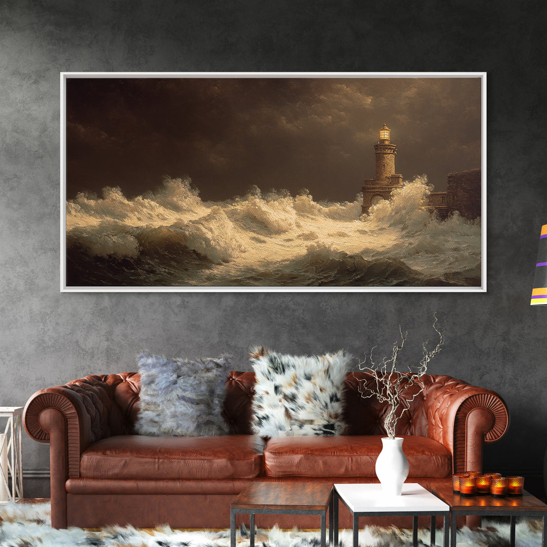 Lighthouse with Crashing Waves Canvas Print, Traditional Art, Decor, Living Room Decor, Fine Art, Classic, Japanese Art, TRA-2x1-17