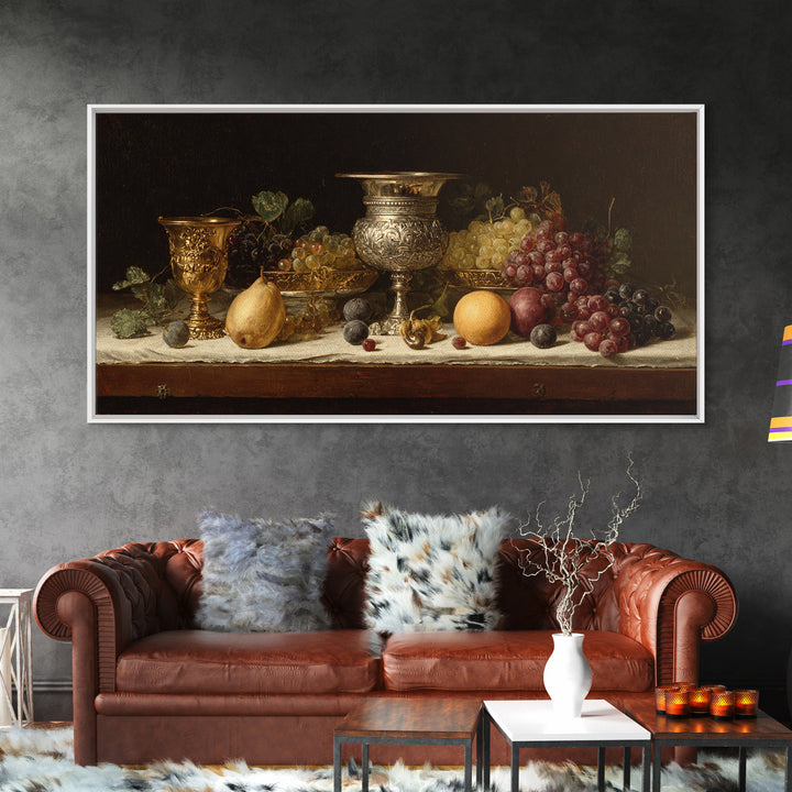 Dutch Fruit and Silver Goblet Still Life Framed Canvas Print, Traditional Art, Minimalist Decor, Living Room Decor, Classic, TRA-2x1-24