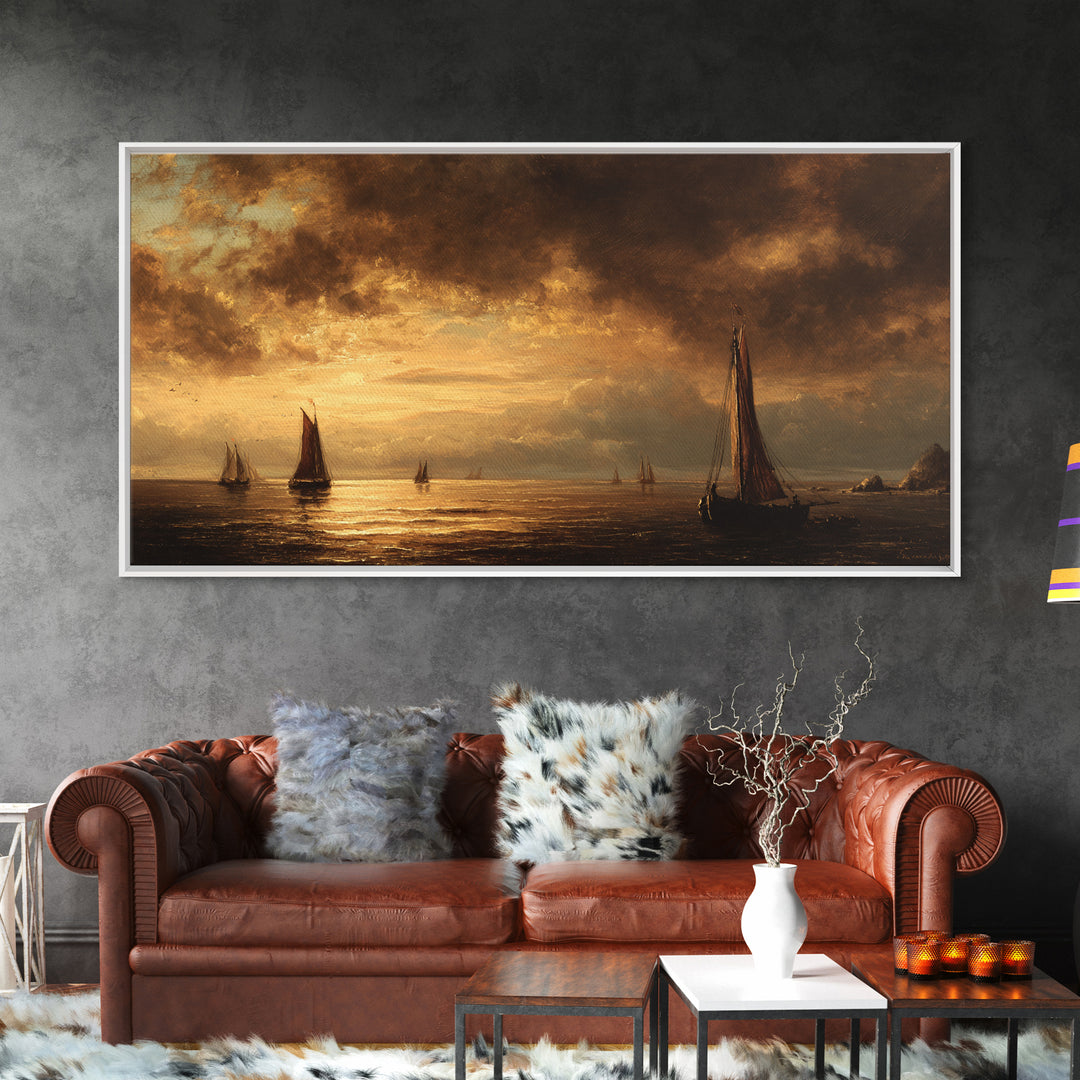 Seascape with Sailboats and Cloudy Sky Framed Canvas Print, Traditional Art, Digital Art, Living Room Decor, Fine Art, Classic, TRA-2x1-25