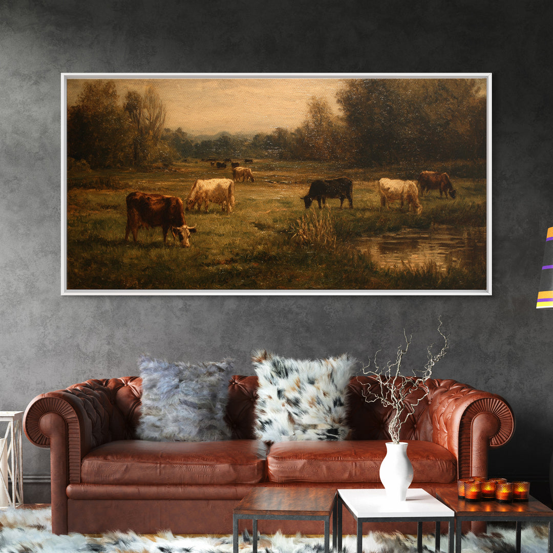 Pastoral Countryside with Cows in Field Framed Canvas Print, Traditional Art, Boho Decor, Living Room Decor, Oil Painting, TRA-2x1-27