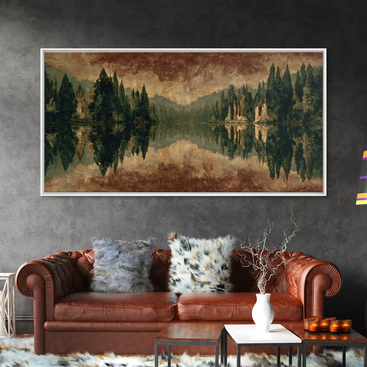 Mountain Lake with Pine Forest Reflection Framed Canvas Print, Traditional Art, Canvas, Living Room Decor, Fine Art, Classic, TRA-2x1-29