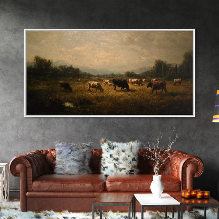 Pastoral Countryside with Cows in Field Framed Canvas Print, Traditional Art, Artwork, Living Room Decor, Fine Art, Classic, TRA-2x1-3
