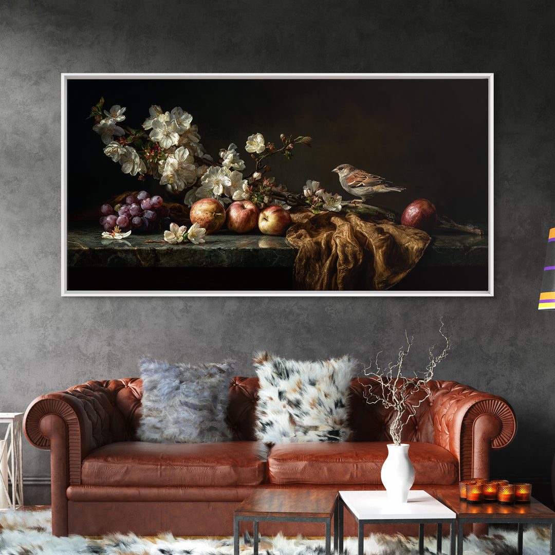 Bird Study on a Flowering Branch Framed Canvas Print, Traditional Art, Minimalist Decor, Living Room Decor, Oil Painting, TRA-2x1-30
