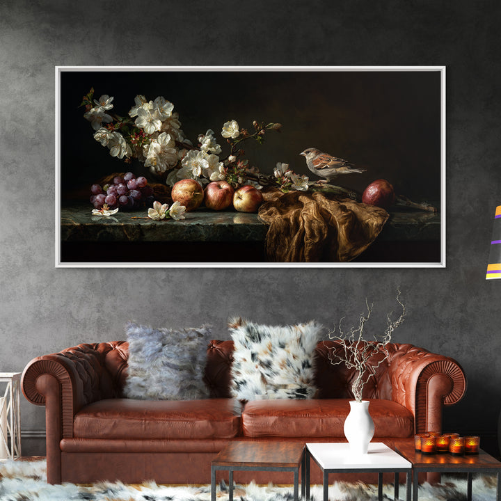 Bird Study on a Flowering Branch Framed Canvas Print, Traditional Art, Minimalist Decor, Living Room Decor, Oil Painting, TRA-2x1-30