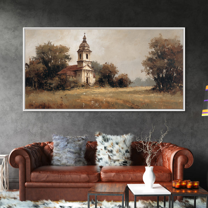 Church Steeple Across Rural Meadow Framed Canvas Print, Traditional Art, Wall Decor, Living Room Decor, Fine Art, Classic, TRA-2x1-33