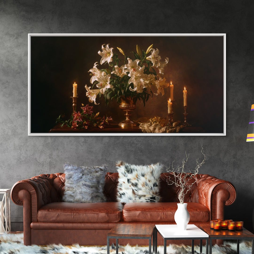 White Lilies on Dark Background Framed Canvas Print, Traditional Art, Wall Art, Living Room Decor, Oil Painting, Classic, TRA-2x1-35