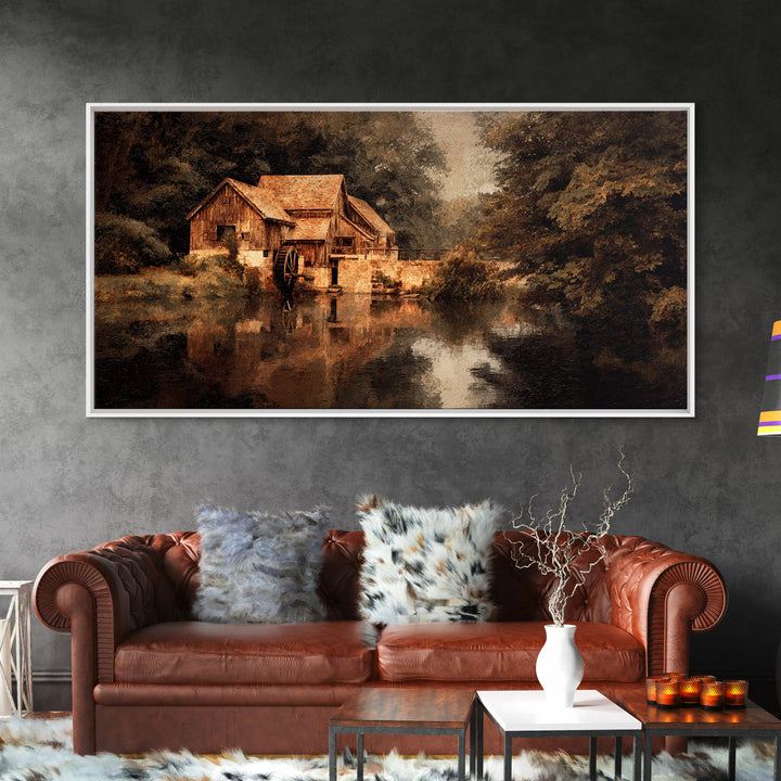 Watermill Beside a Quiet Stream Framed Canvas Print, Traditional Art, Painting, Living Room Decor, Fine Art, Classic, TRA-2x1-37