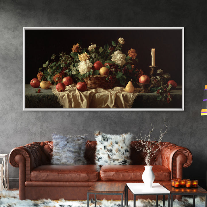 Basket of Apples and Pears on Linen Framed Canvas Print, Traditional Art, Luxury Decor, Living Room Decor, Abstract Art, TRA-2x1-38