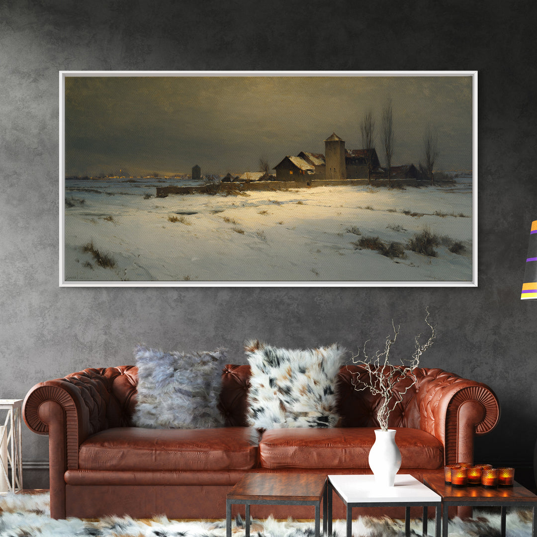 Snowy Village Landscape at Twilight Canvas Print, Traditional Art, Art Print, Living Room Decor, Fine Art, Classic, Custom Art, TRA-2x1-39