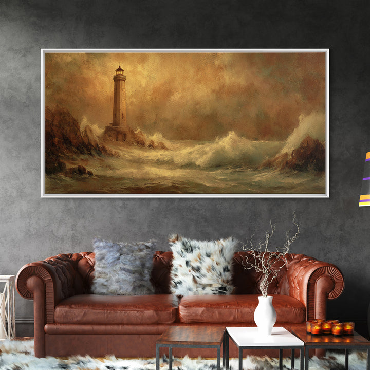 Lighthouse with Crashing Waves Canvas Print, Traditional Art, Decor, Living Room Decor, Fine Art, Classic, Japanese Art, TRA-2x1-41