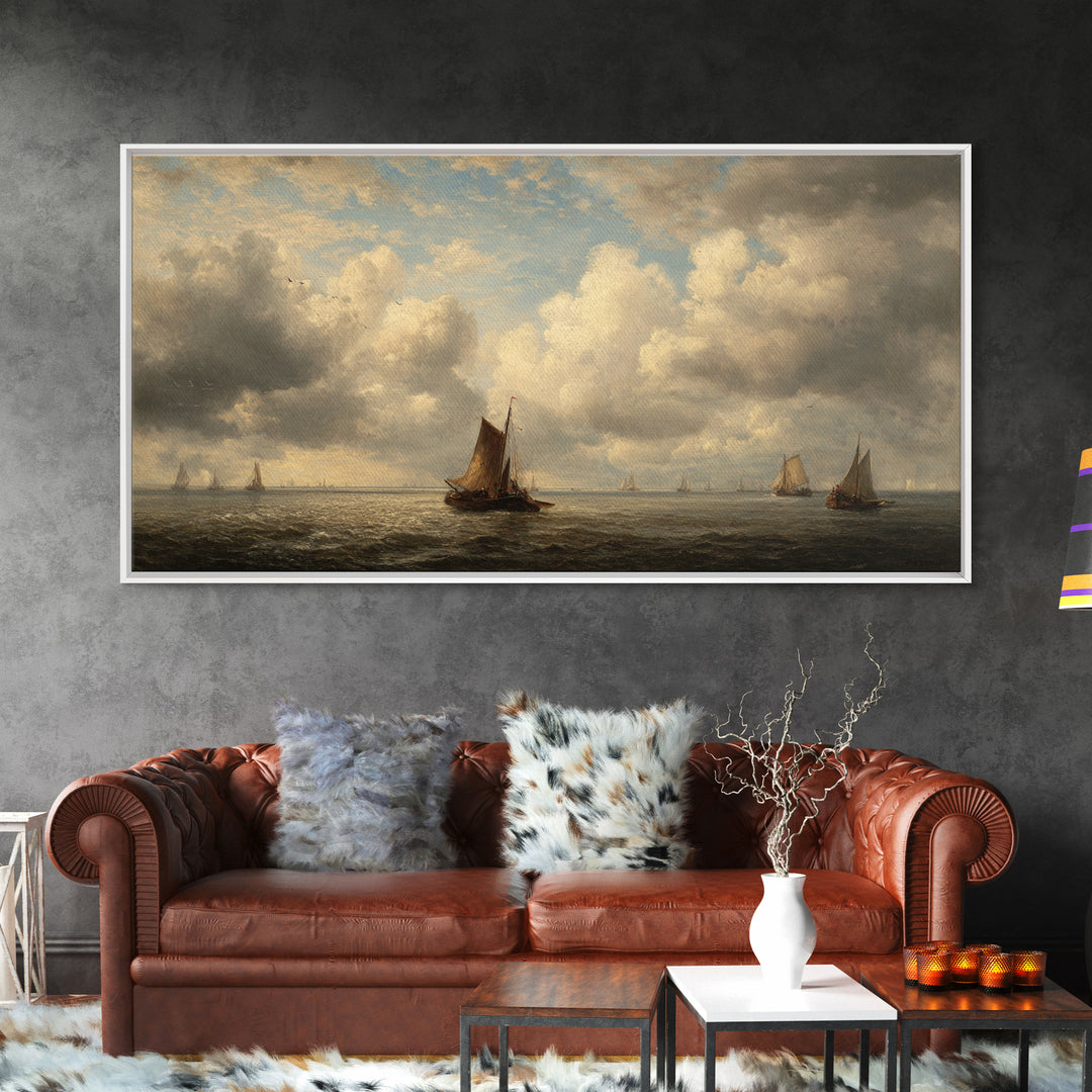 Seascape with Sailboats and Cloudy Sky Canvas Print, Traditional Art, Original Art, Living Room Decor, Fine Art, Classic, TRA-2x1-49