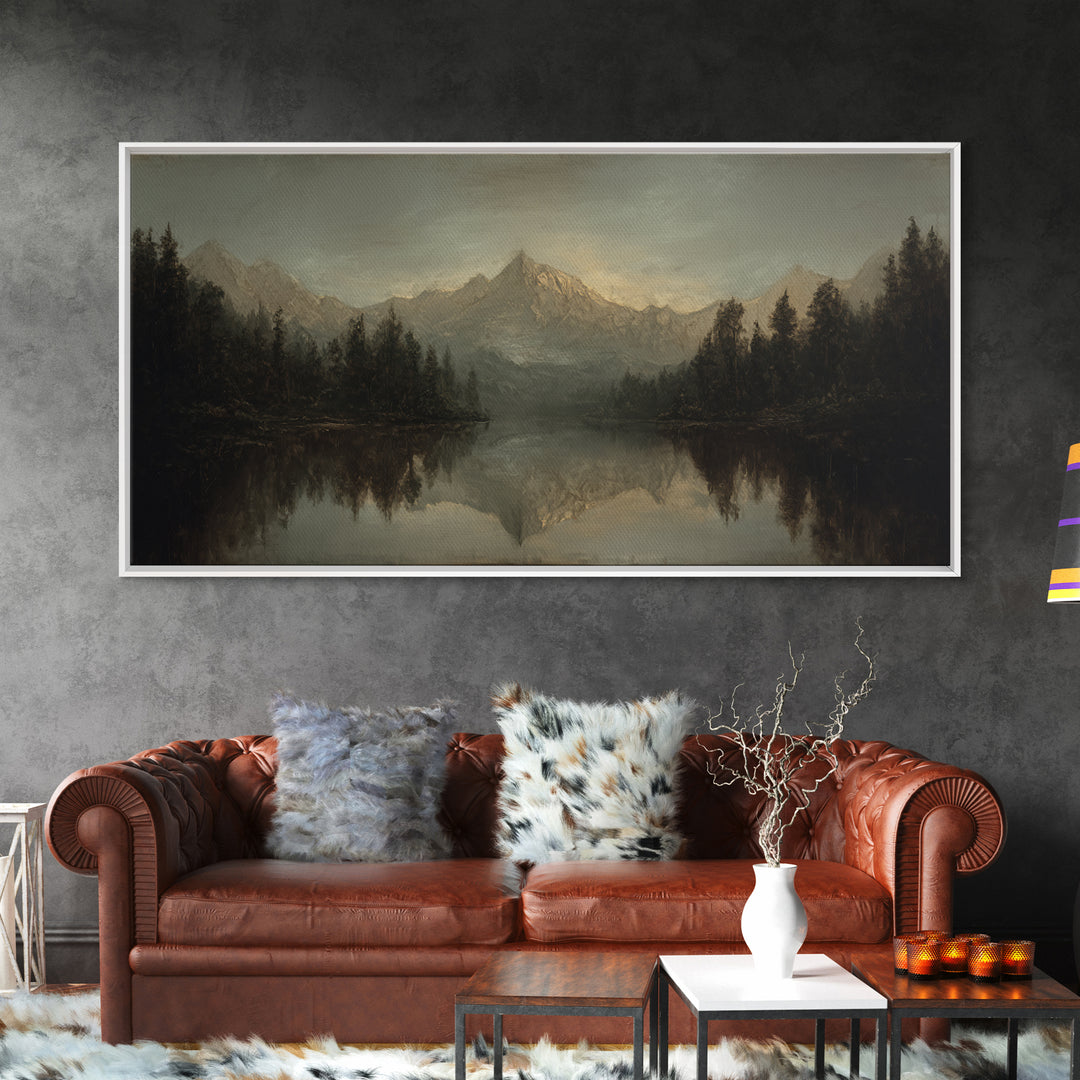 Mountain Lake with Pine Forest Reflection Framed Canvas Print, Traditional Art, Canvas, Living Room Decor, Fine Art, Classic, TRA-2x1-5
