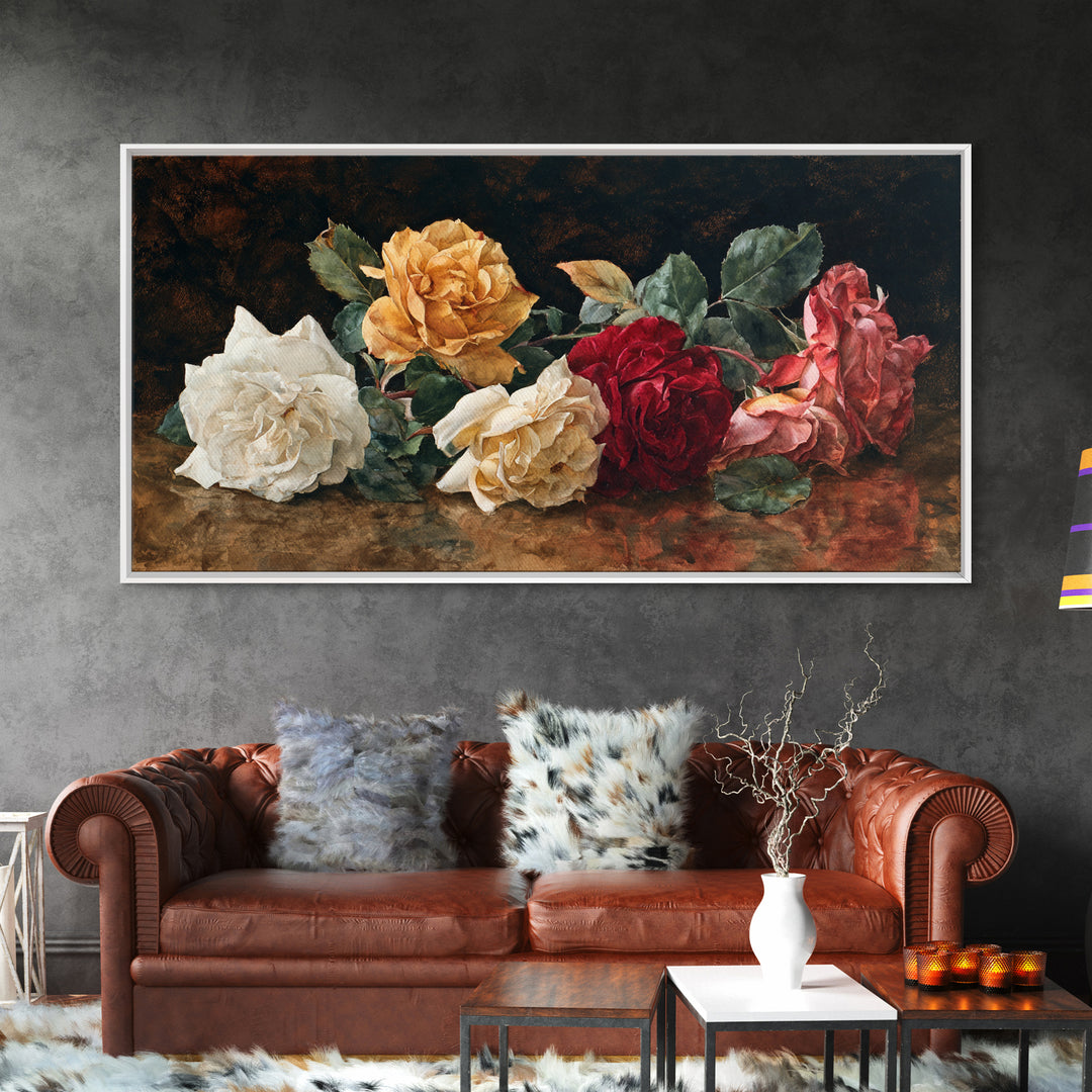 Botanical Watercolor Study of Roses Framed Canvas Print, Traditional Art, Art, Living Room Decor, Oil Painting, Classic, TRA-2x1-50