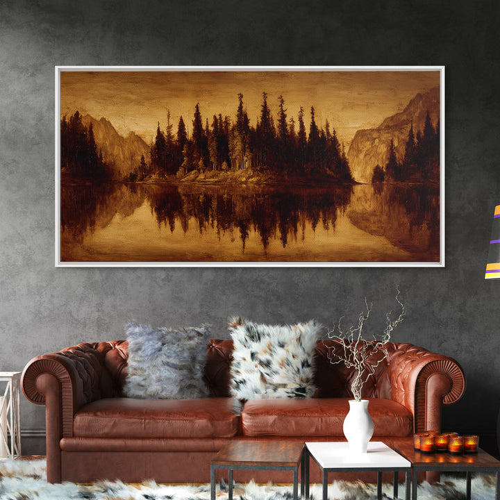 Mountain Lake with Pine Forest Reflection Canvas Print, Traditional Art, Digital Print, Living Room Decor, Fine Art, Classic, TRA-2x1-53