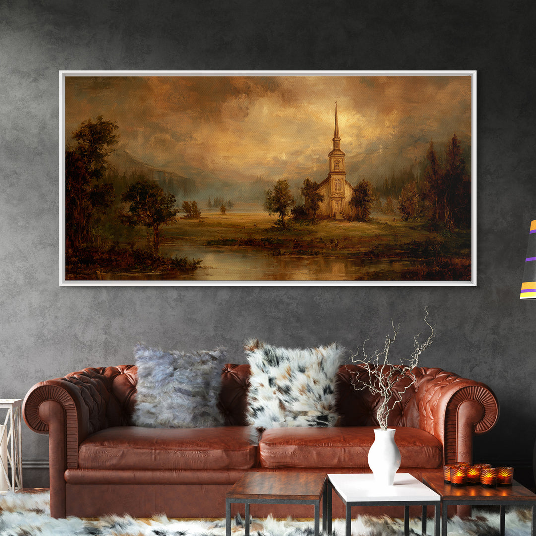 Church Steeple Across Rural Meadow Canvas Print, Traditional Art, Art Commission, Living Room Decor, Fine Art, Classic, TRA-2x1-57