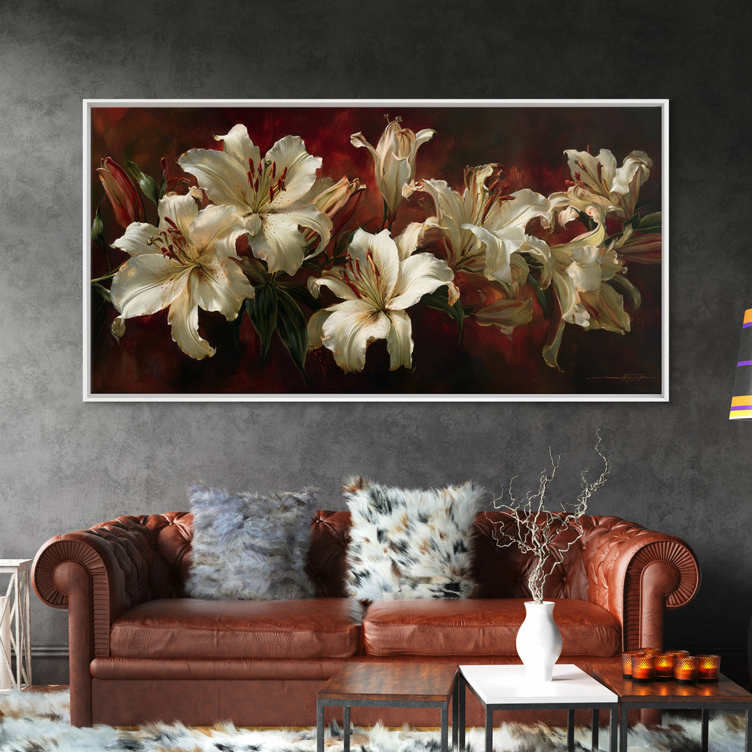 White Lilies on Dark Background Framed Canvas Print, Traditional Art, Indian Wall Art, Living Room Decor, Watercolor Art, TRA-2x1-59