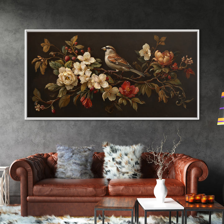 Bird Study on a Flowering Branch Framed Canvas Print, Traditional Art, Minimalist Decor, Living Room Decor, Oil Painting, TRA-2x1-6