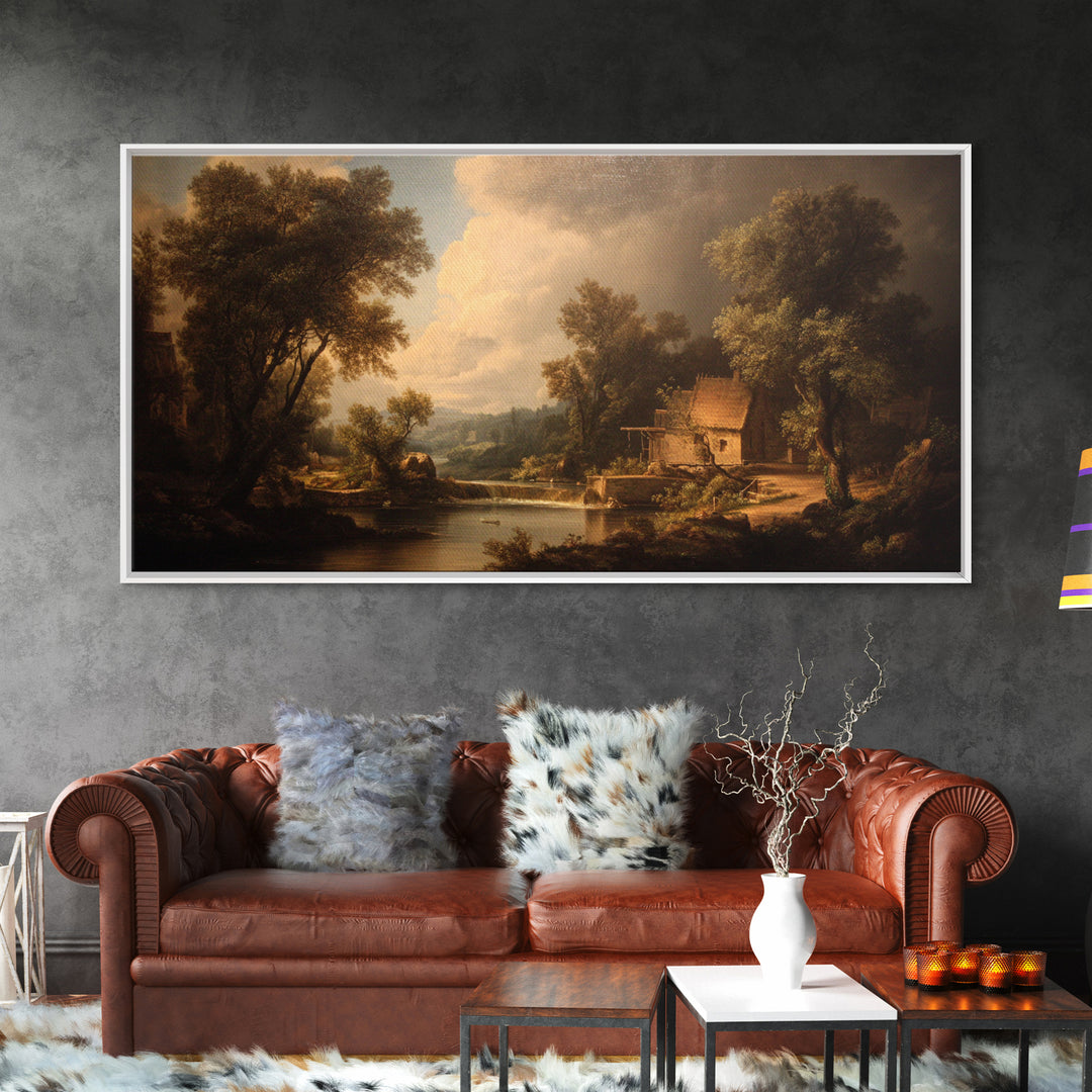 Watermill Beside a Quiet Stream Canvas Print, Traditional Art, Boho, Living Room Decor, Fine Art, Classic, Indian Wall Art, TRA-2x1-61