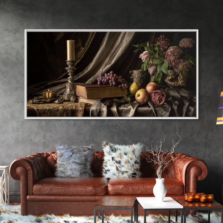 Still Life of Books Candle and Fruit Canvas Print, Traditional Art, Digital Art, Living Room Decor, Fine Art, Classic, TRA-2x1-64