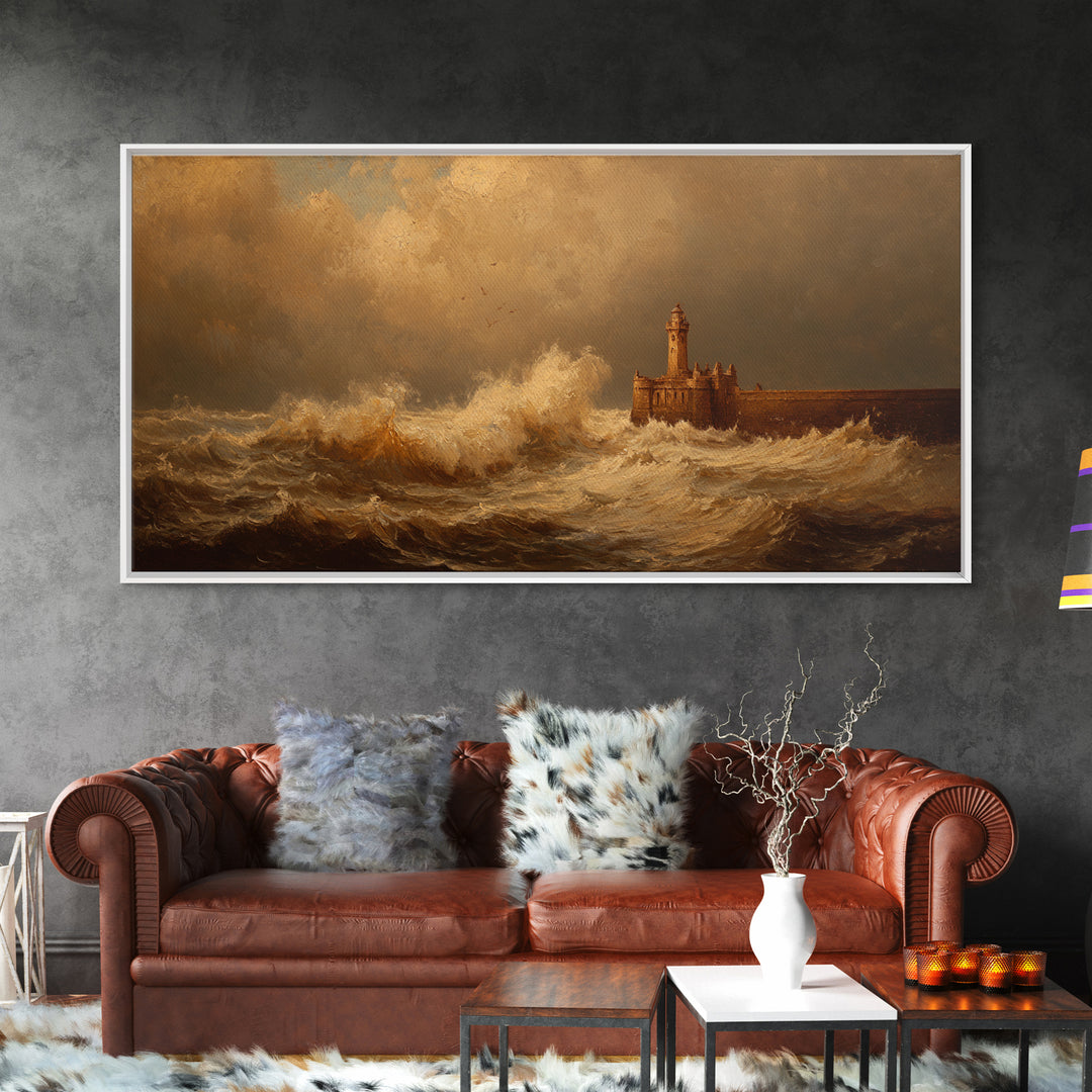 Lighthouse with Crashing Waves Framed Canvas Print, Traditional Art, Wall Hanging, Living Room Decor, Abstract Art, Classic, TRA-2x1-65