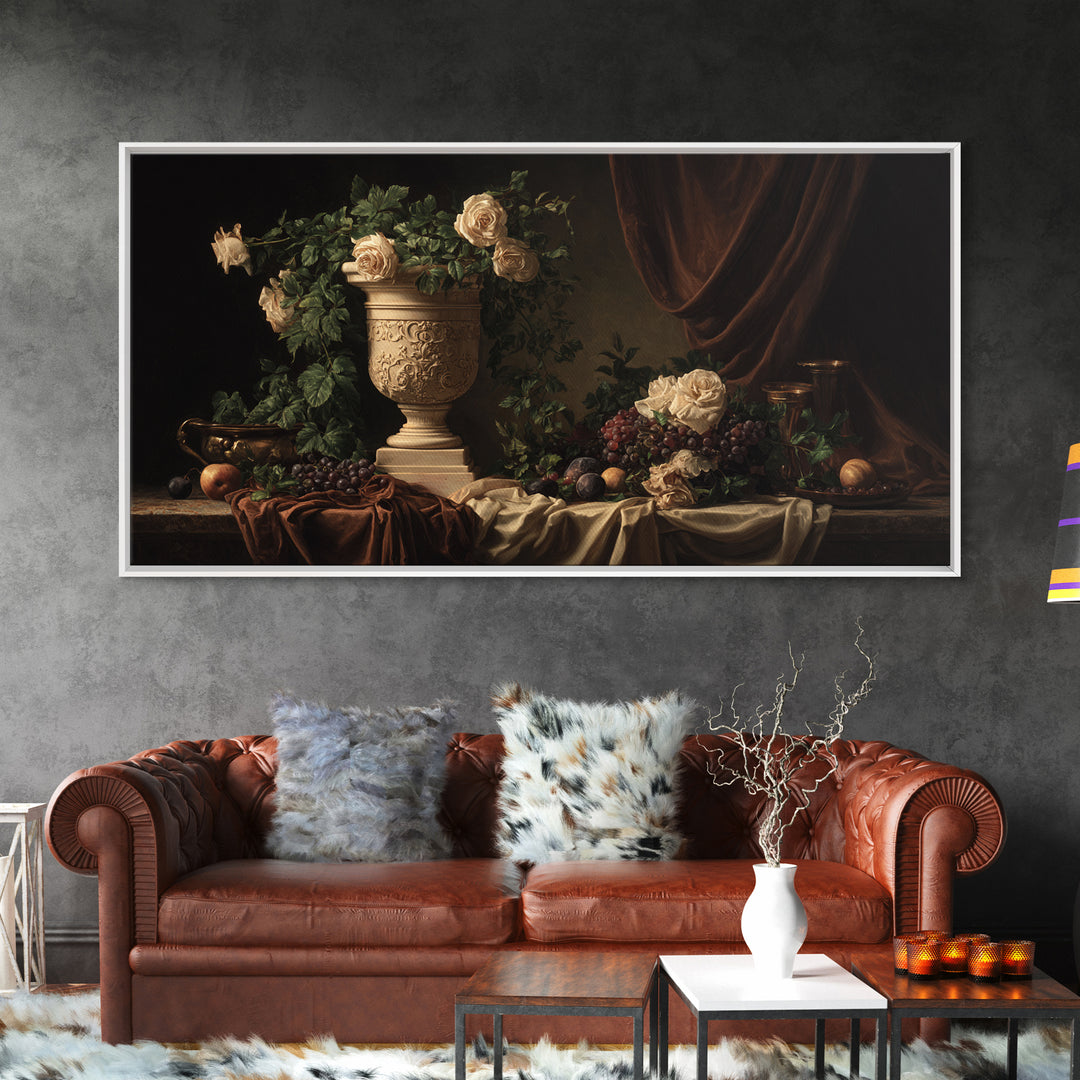 Garden Urn with Roses and Ivy Canvas Print, Traditional Art, Canvas, Living Room Decor, Watercolor Art, Classic, Furry Art, TRA-2x1-68