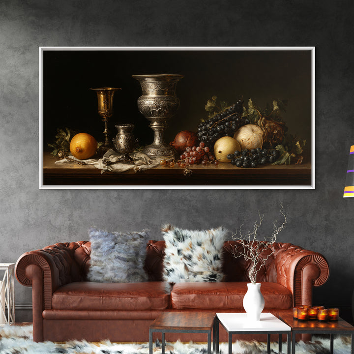Dutch Fruit and Silver Goblet Still Life Framed Canvas Print, Traditional Art, Art Commission, Living Room Decor, Classic, TRA-2x1-72