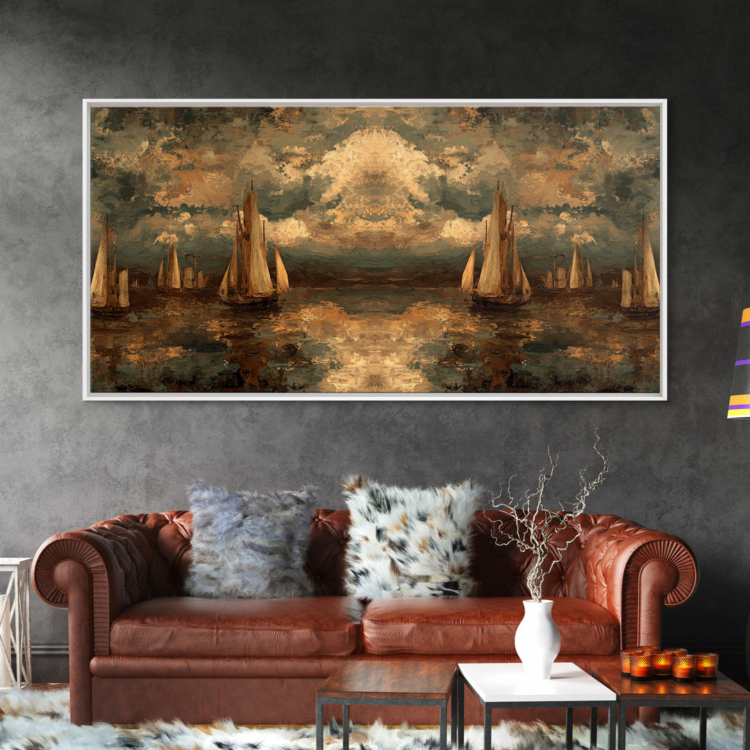 Seascape with Sailboats and Cloudy Sky Canvas Print, Traditional Art, Original Art, Living Room Decor, Fine Art, Classic, TRA-2x1-73