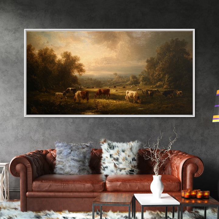 Pastoral Countryside with Cows in Field Framed Canvas Print, Traditional Art, Room Decor, Living Room Decor, Fine Art, Classic, TRA-2x1-75