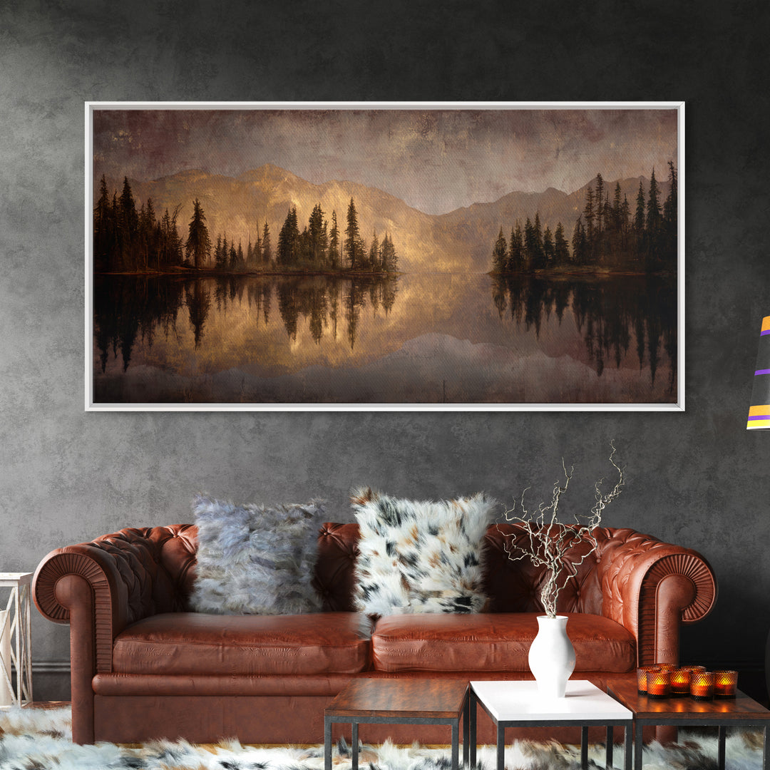 Mountain Lake with Pine Forest Reflection Canvas Print, Traditional Art, Digital Print, Living Room Decor, Fine Art, Classic, TRA-2x1-77