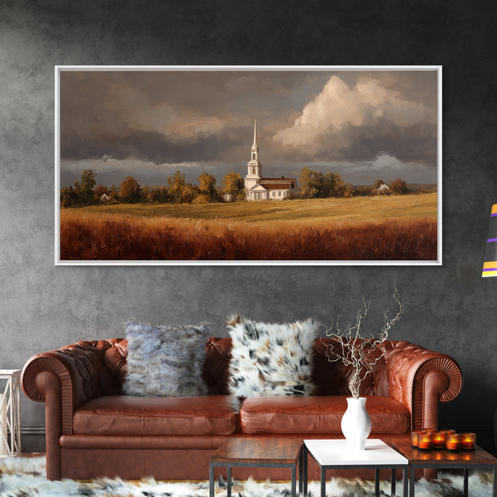 Church Steeple Across Rural Meadow Framed Canvas Print, Traditional Art, Printable Art, Living Room Decor, Watercolor Art, TRA-2x1-81
