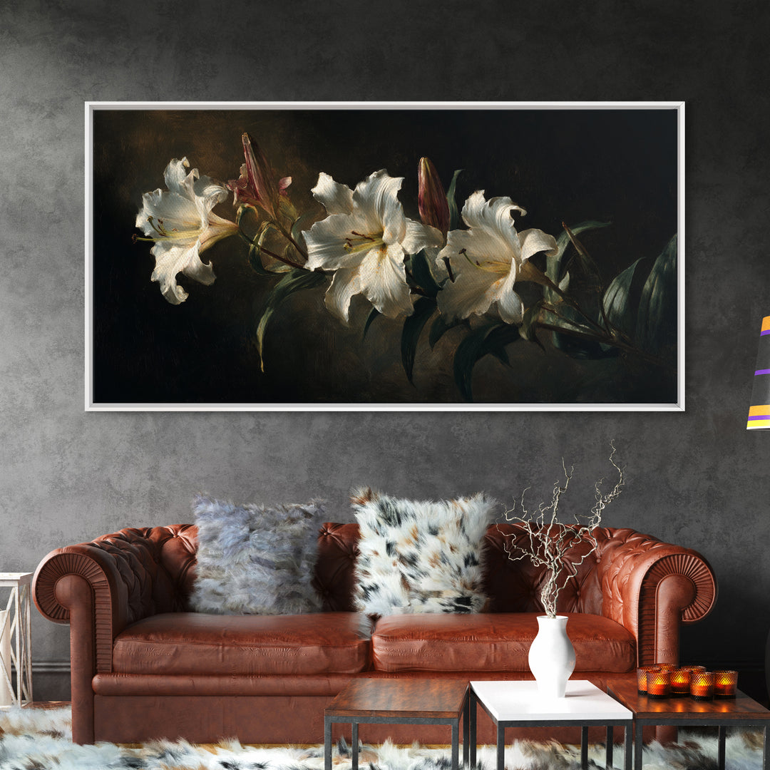 White Lilies on Dark Background Framed Canvas Print, Traditional Art, Art, Living Room Decor, Fine Art, Classic, Printable Art, TRA-2x1-83