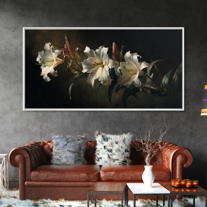 White Lilies on Dark Background Framed Canvas Print, Traditional Art, Art, Living Room Decor, Fine Art, Classic, Printable Art, TRA-2x1-83