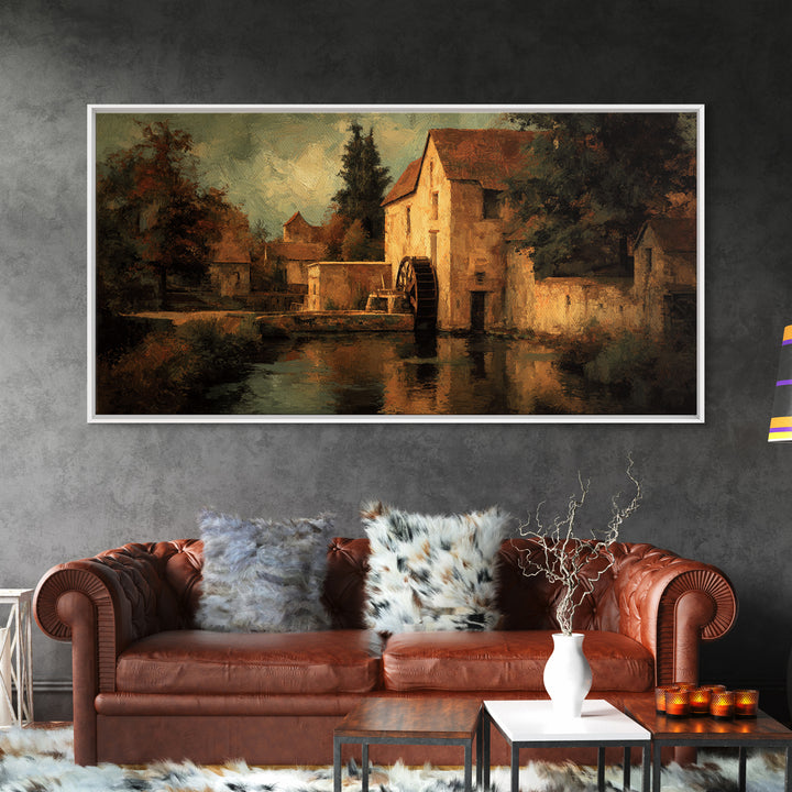 Watermill Beside a Quiet Stream Framed Canvas Print, Traditional Art, Living Room Decor, Fine Art, Classic, Dark Art, TRA-2x1-85