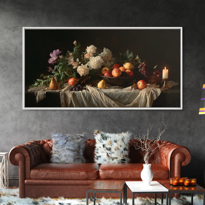 Basket of Apples and Pears on Linen Framed Canvas Print, Traditional Art, Decor, Living Room Decor, Abstract Art, Classic, TRA-2x1-86