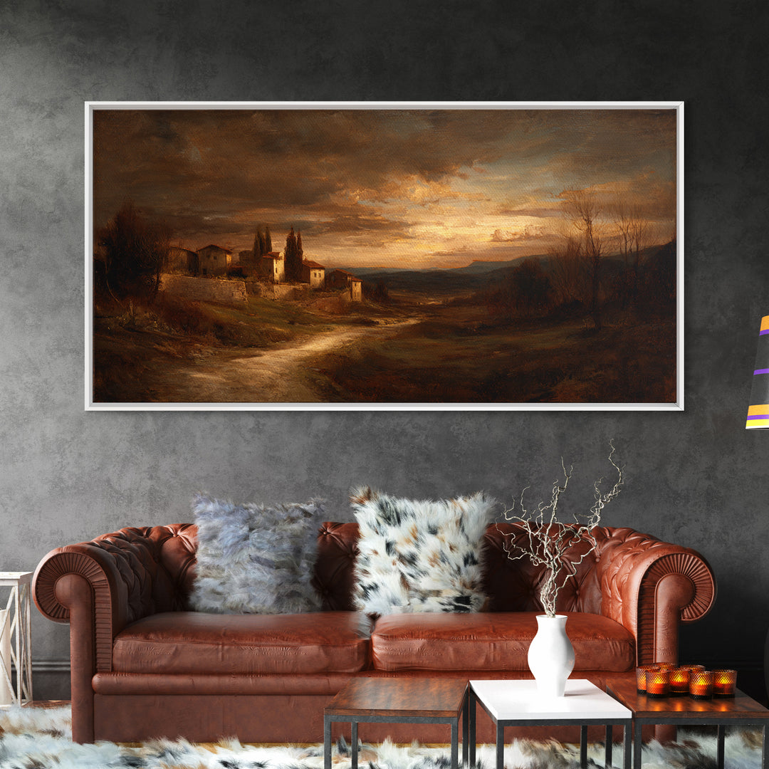 Snowy Village Landscape at Twilight Framed Canvas Print, Traditional Art, Japanese Decor, Living Room Decor, Fine Art, Classic, TRA-2x1-87
