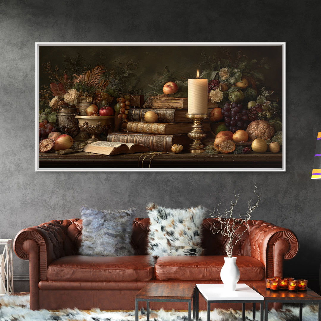 Still Life of Books Candle and Fruit Framed Canvas Print, Traditional Art, Original Art, Living Room Decor, Fine Art, Classic, TRA-2x1-88
