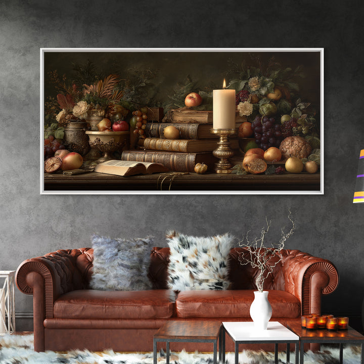 Still Life of Books Candle and Fruit Framed Canvas Print, Traditional Art, Original Art, Living Room Decor, Fine Art, Classic, TRA-2x1-88