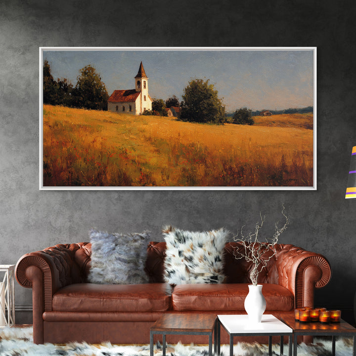Church Steeple Across Rural Meadow Framed Canvas Print, Traditional Art, Wall Decor, Living Room Decor, Fine Art, Classic, TRA-2x1-9