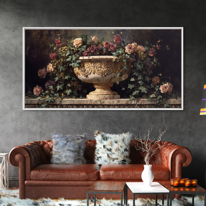 Garden Urn with Roses and Ivy Framed Canvas Print, Traditional Art, Digital Print, Living Room Decor, Watercolor Art, Classic, TRA-2x1-92