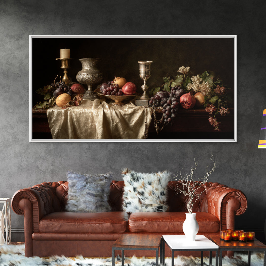 Dutch Fruit and Silver Goblet Still Life Framed Canvas Print, Traditional Art, Furry Art, Living Room Decor, Oil Painting, TRA-2x1-96