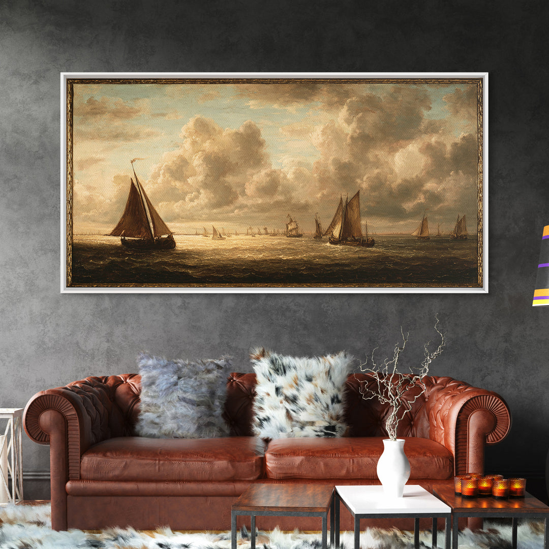 Seascape with Sailboats and Cloudy Sky Framed Canvas Print, Traditional Art, Canvas Print, Living Room Decor, Fine Art, Classic, TRA-2x1-97