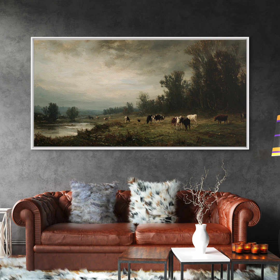 Pastoral Countryside with Cows in Field Framed Canvas Print, Traditional Art, Japanese Art, Living Room Decor, Classic, TRA-2x1-99