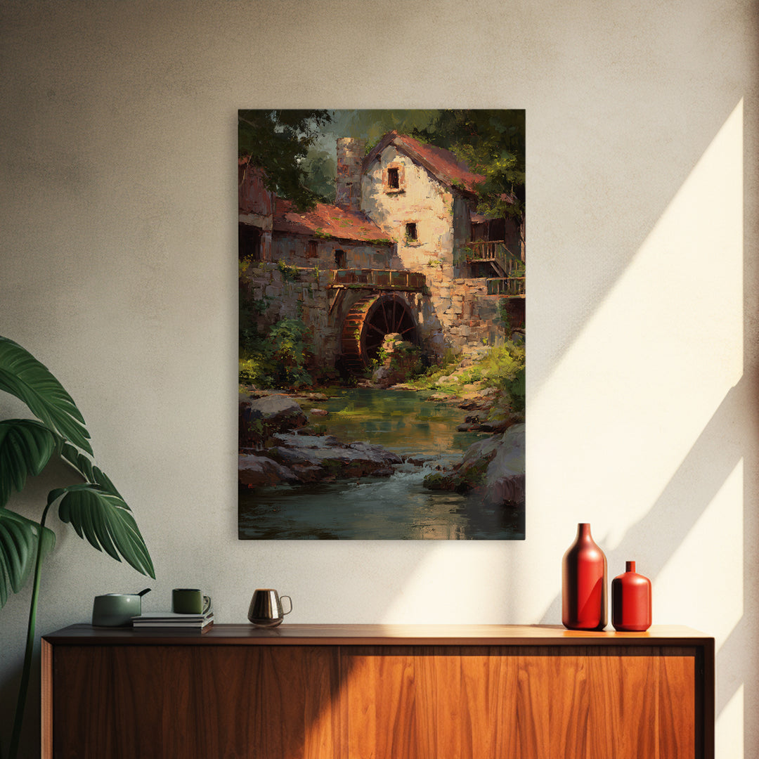 Watermill Beside a Quiet Stream Framed Canvas Print, Traditional Art, Digital Art, Living Room Decor, Fine Art, Classic, TRA-2x3-1